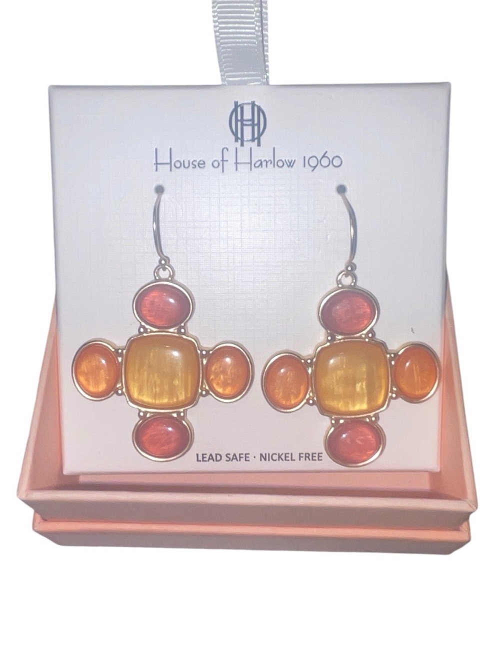 House of Harlow 1960 Gold-Tone Earrings with Amber Yellow & Coral Accents NIB